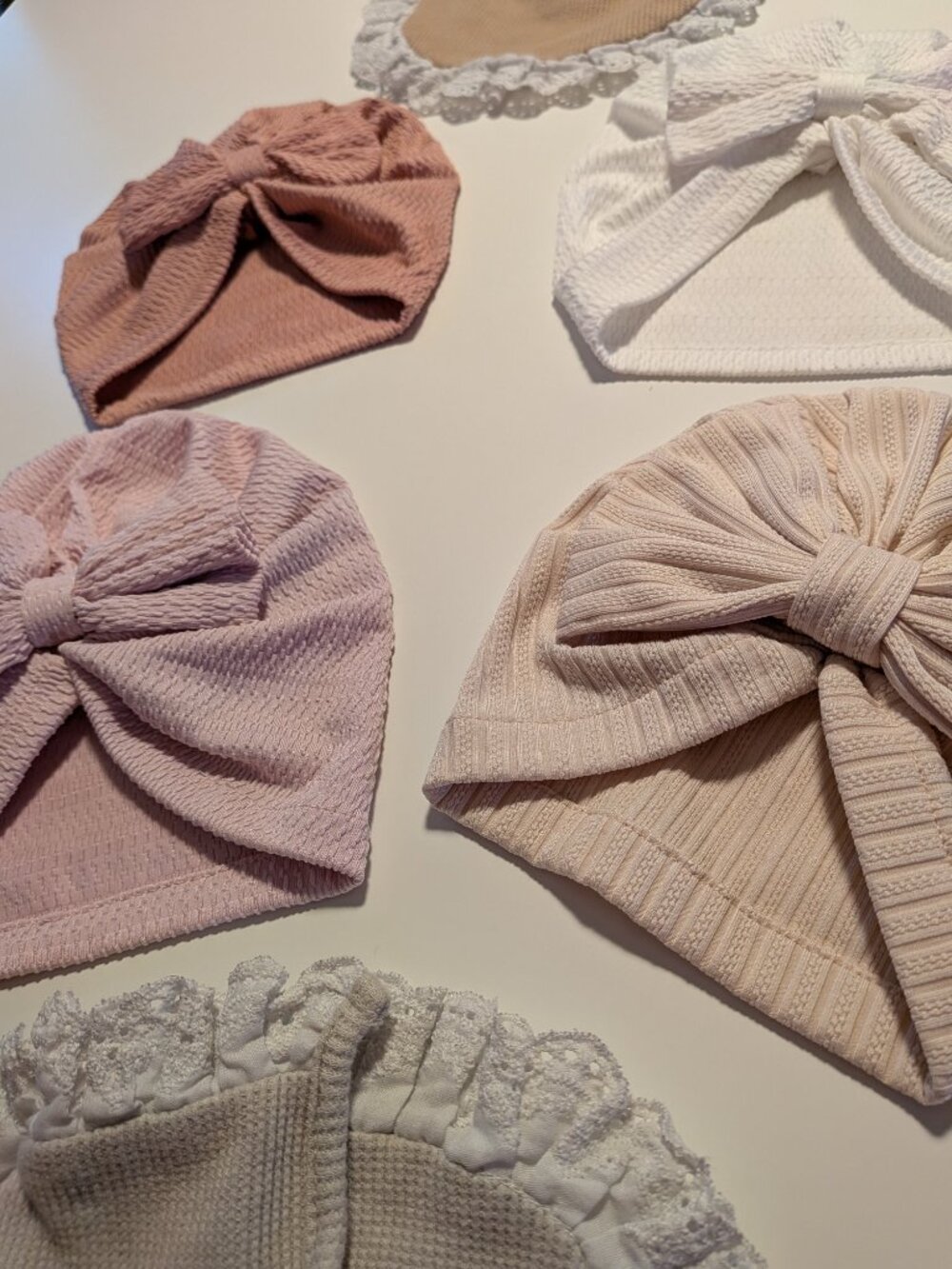 Snug Baby Girl Hat Bib Set Bow Turban Lace Cotton Pink Beige White Bundle - Picture 5 of 6